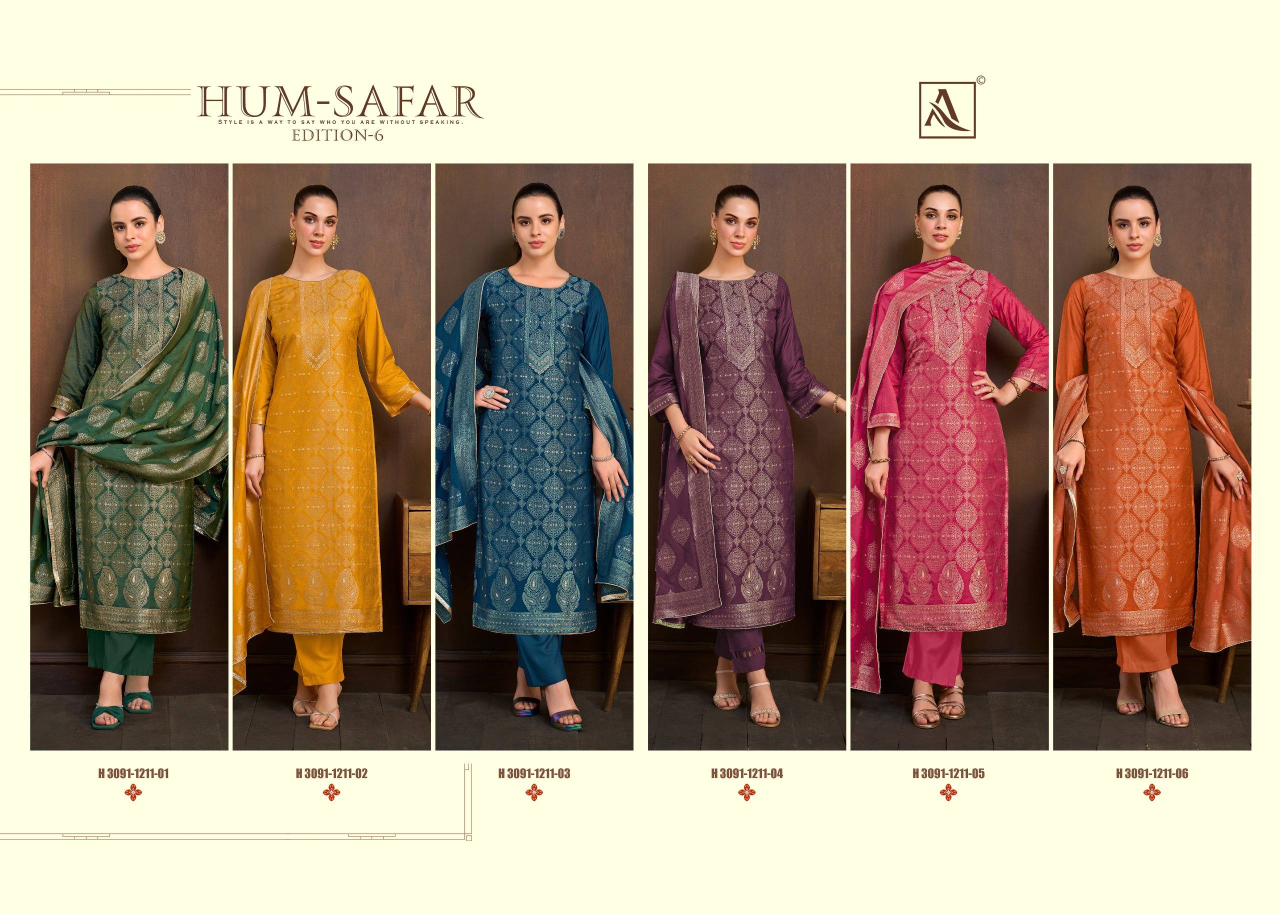 HUMSAFAR VOL 6 BY ALOK SUIT 1 To 06 Series Beautiful Festive Suits Stylish Colorful Fancy Casual Wear & Ethnic Wear JACQUARD Dresses At Wholesale Price